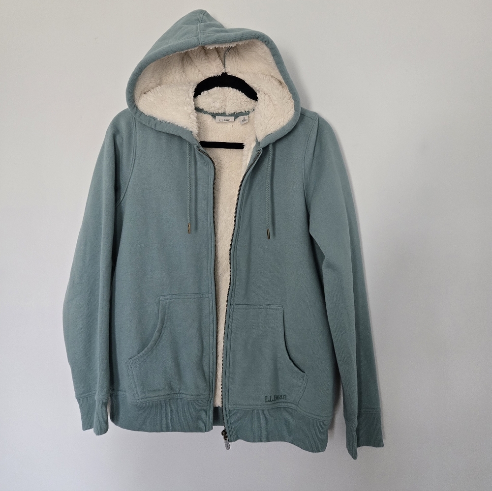 L.L. Bean Jacket S Teal Aqua Hooded Full Zip Sherpa Lined Pockets Cozy Warm Wint